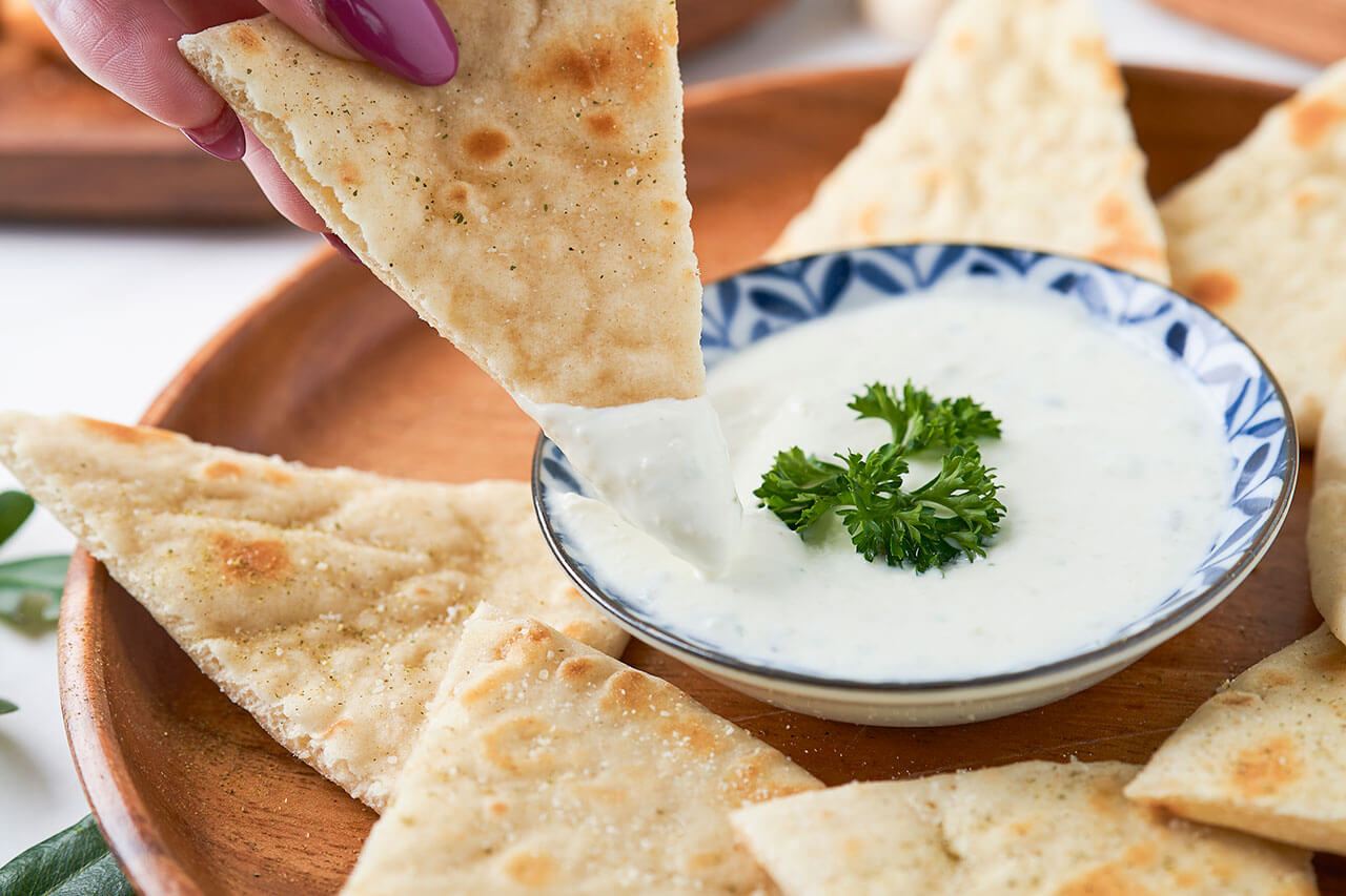 Fried Pita Chips with Tzatziki Sauce